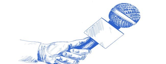 Live news template with microphone. Journalism concept, Hand Drawn Sketch Vector illustration.